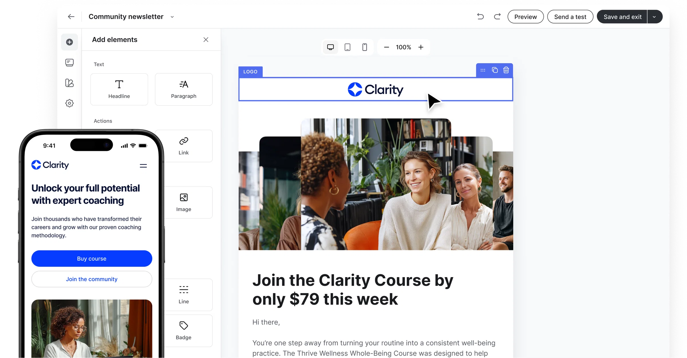 A coaching newsletter in Circle’s email editor on desktop, and a coaching landing page on mobile