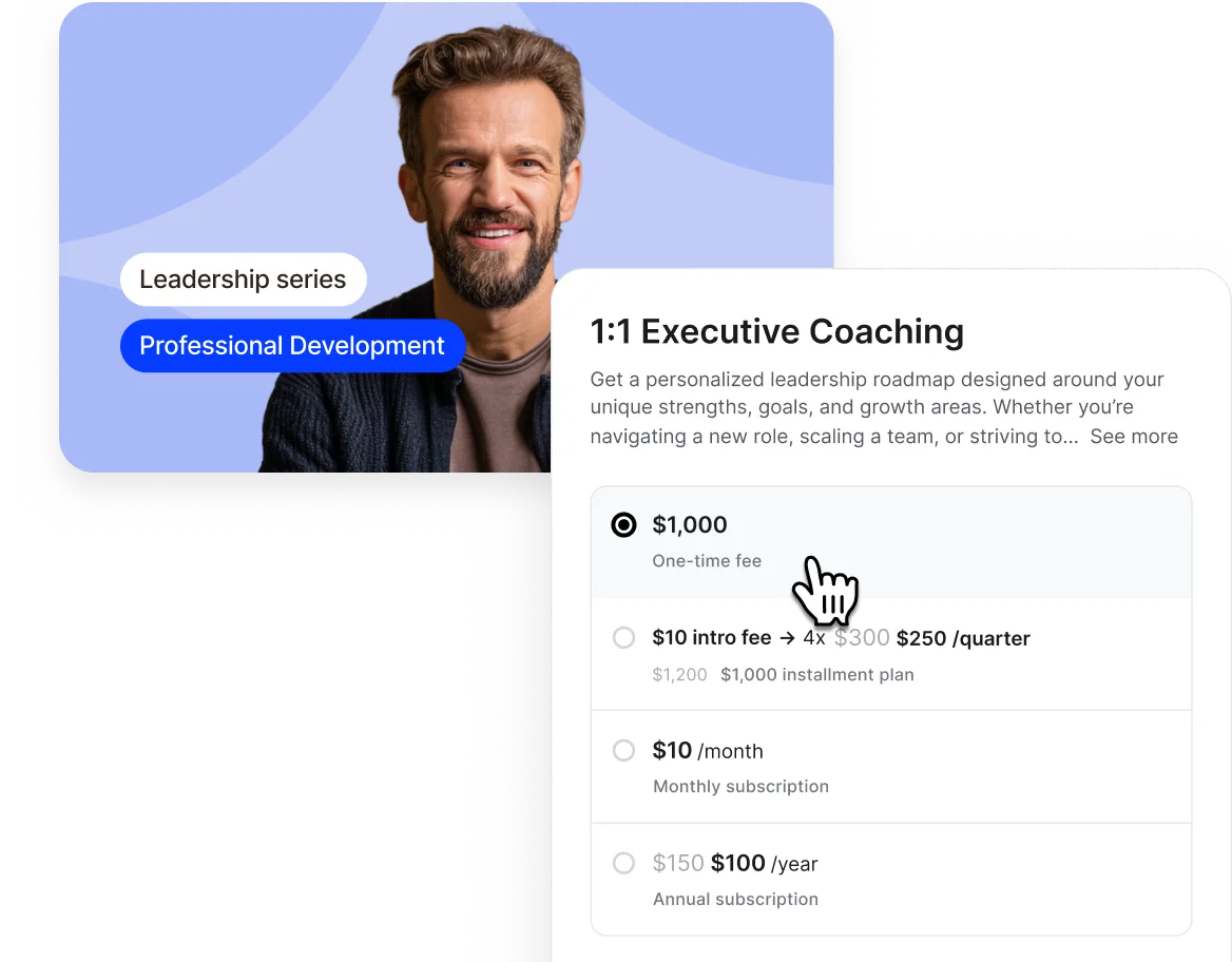 Offer flexible pricing with one-time purchases, subscriptions, trials, and installment plans