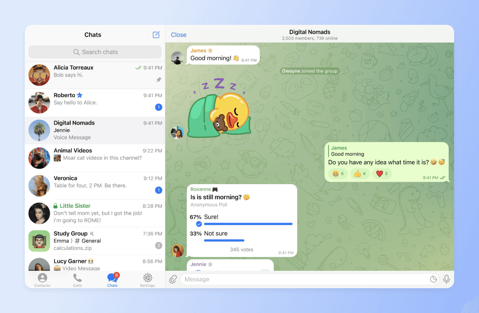 Telegram messaging app interface showing chat list and Digital Nomads group conversation with poll about morning availability