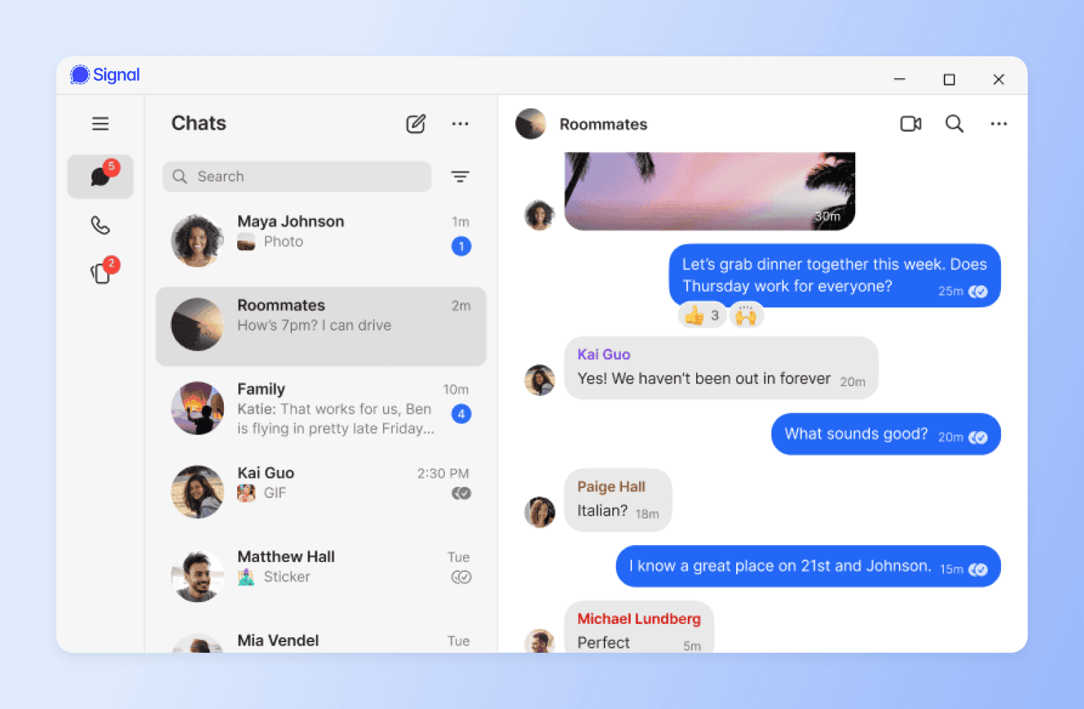 Signal messaging app desktop interface showing chat list with Roommates group conversation discussing dinner plans for Thursday