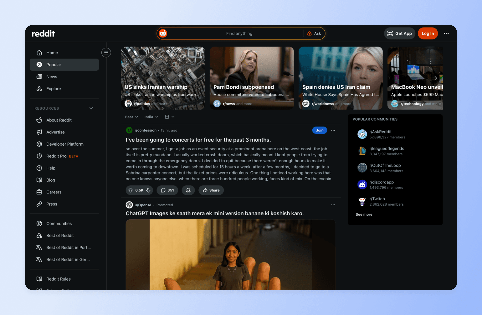 Reddit homepage showing news feed with stories about US-Iran tensions, Pam Bondi subpoena, and MacBook Neo launch, plus popular communities sidebar
