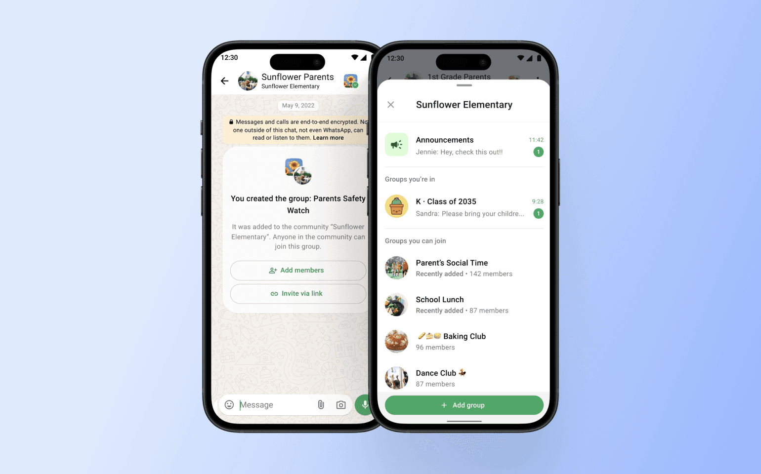 Two smartphones displaying WhatsApp community interface for Sunflower Elementary, showing group creation screen and list of parent groups including Class of 2035, Parent's Social Time, School Lunch, Baking Club, and Dance Club