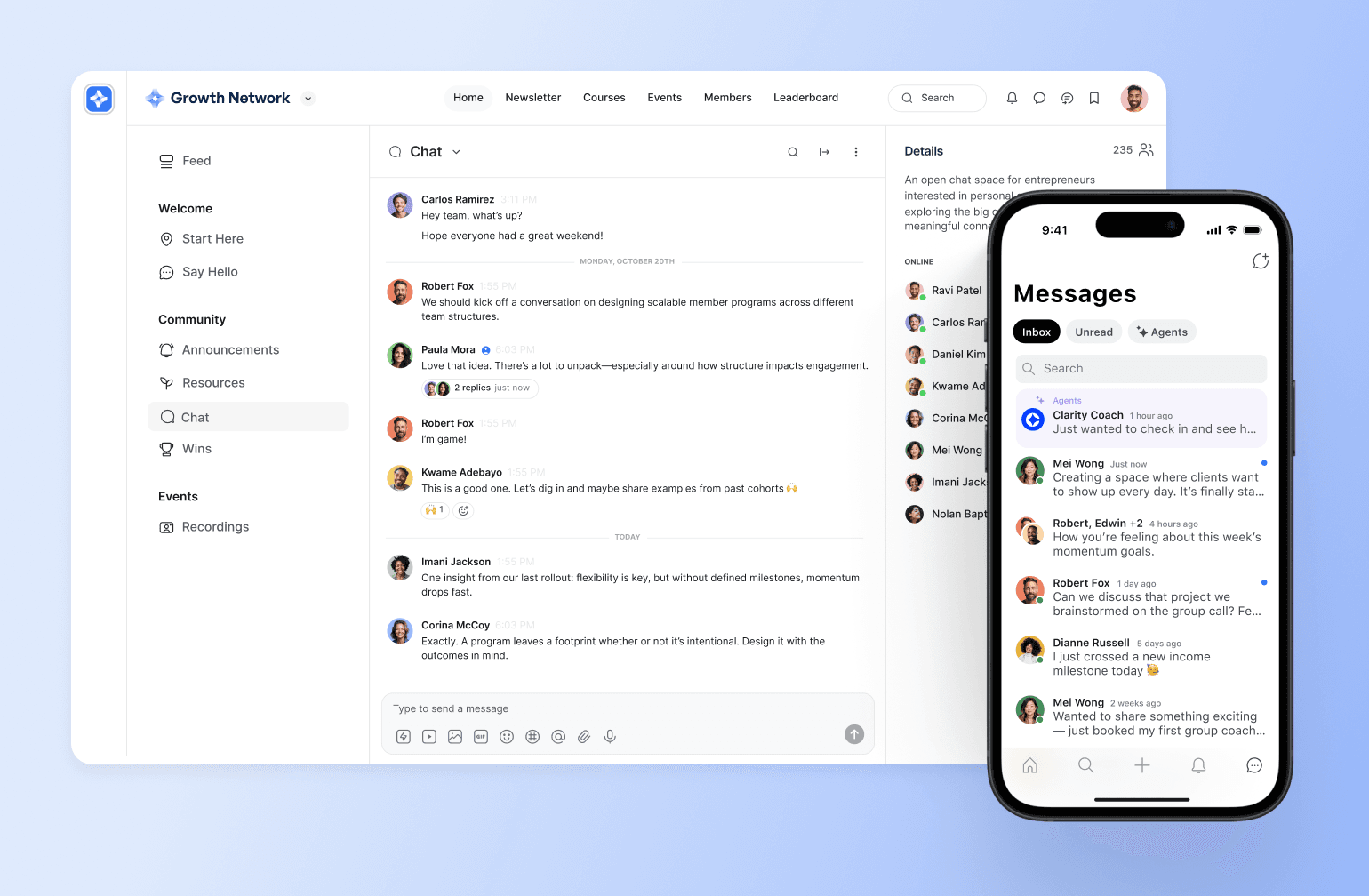 Community messaging platform interface with desktop chat feed and mobile messages screen showing member conversations and notifications