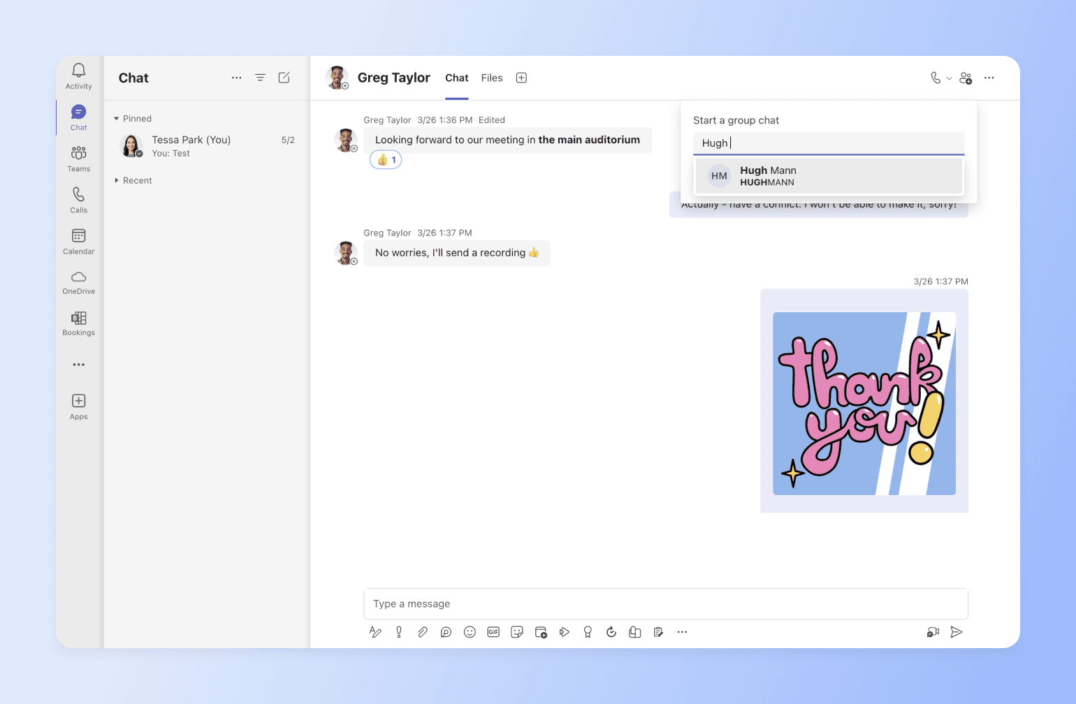 Microsoft Teams chat interface showing conversation with Greg Taylor and a colorful thank you sticker with pink text and stars