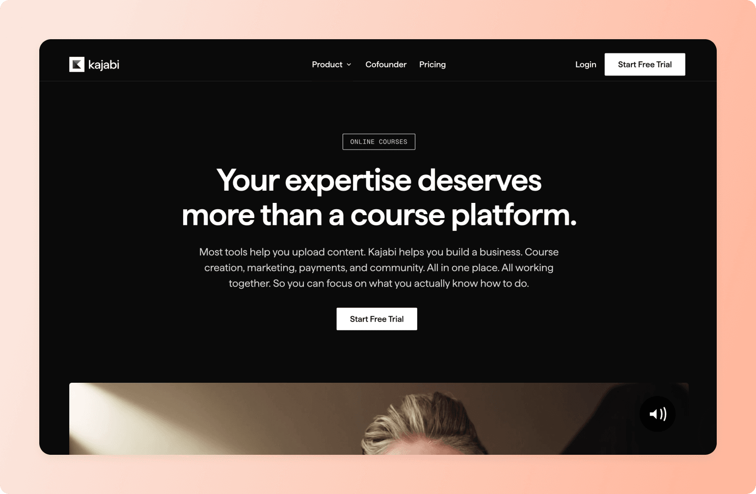Kajabi online course platform homepage featuring headline about building a course business with all-in-one tools
