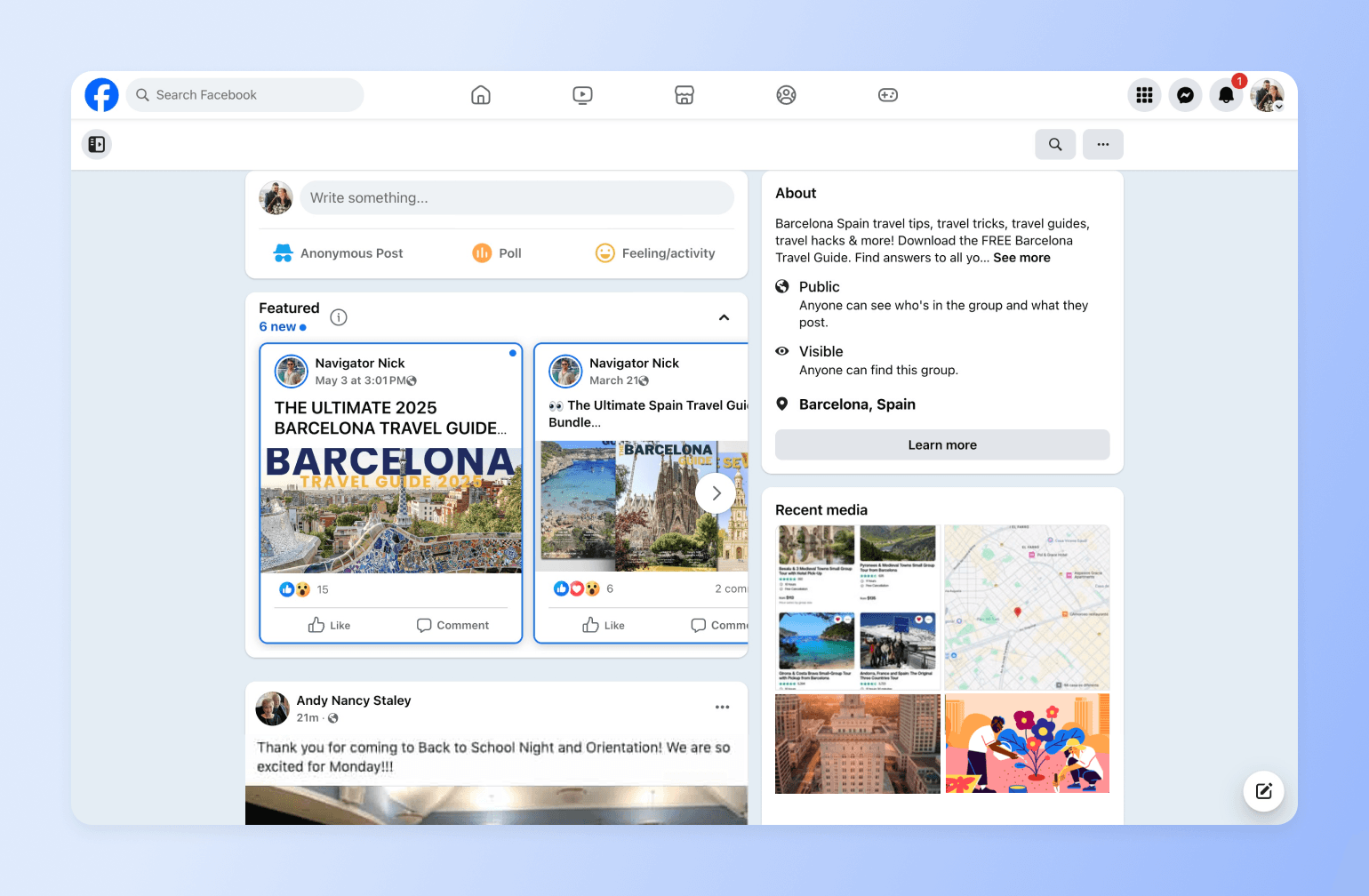 Facebook group page for Barcelona Spain travel tips featuring 2025 travel guide posts and recent media gallery