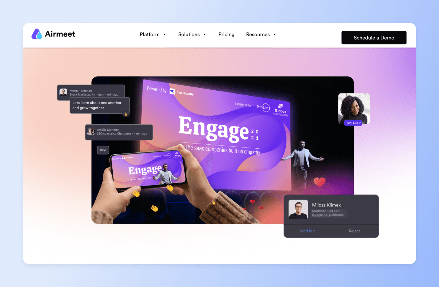 Airmeet virtual event platform showing interactive webinar with Engage 2021 presentation, attendee holding phone, speaker on stage, participant profiles, and emoji reactions