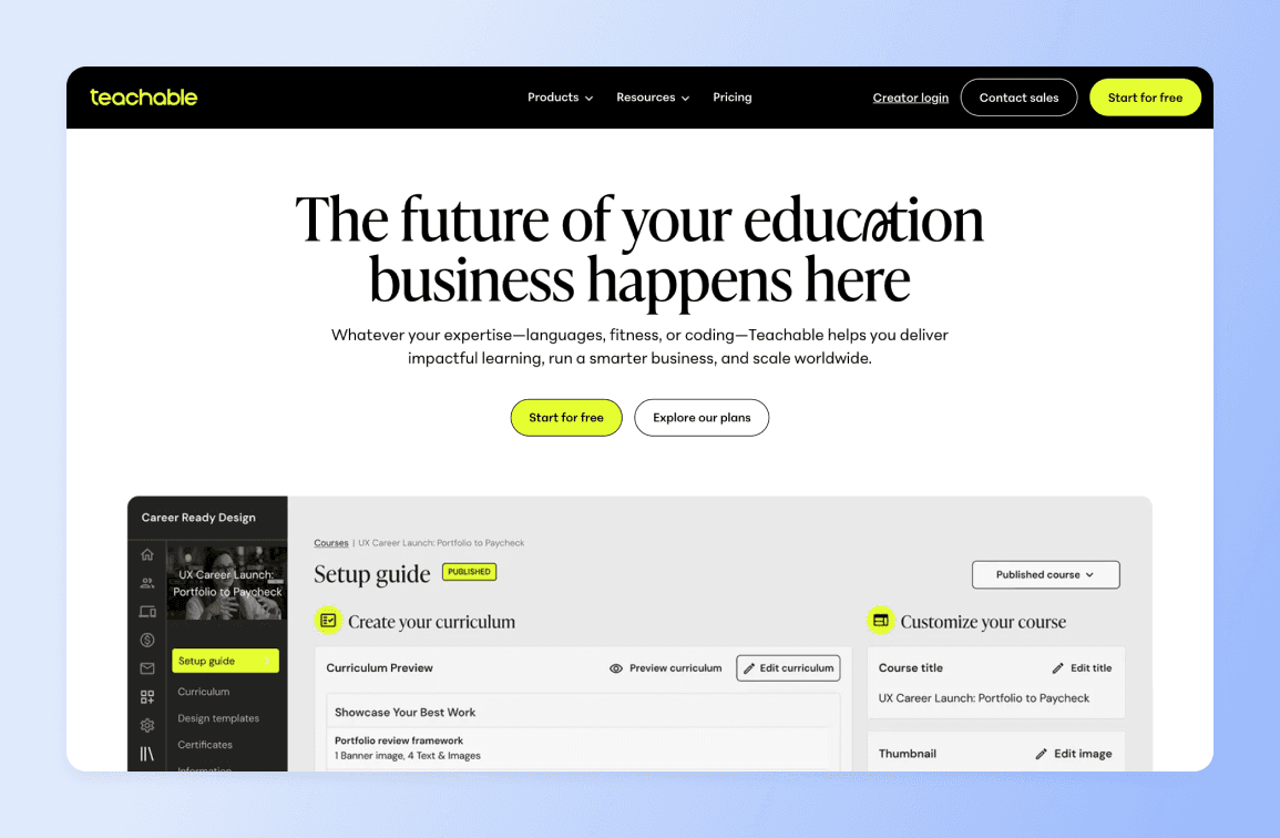 Teachable platform homepage showing course creation interface with headline "The future of your education business happens here