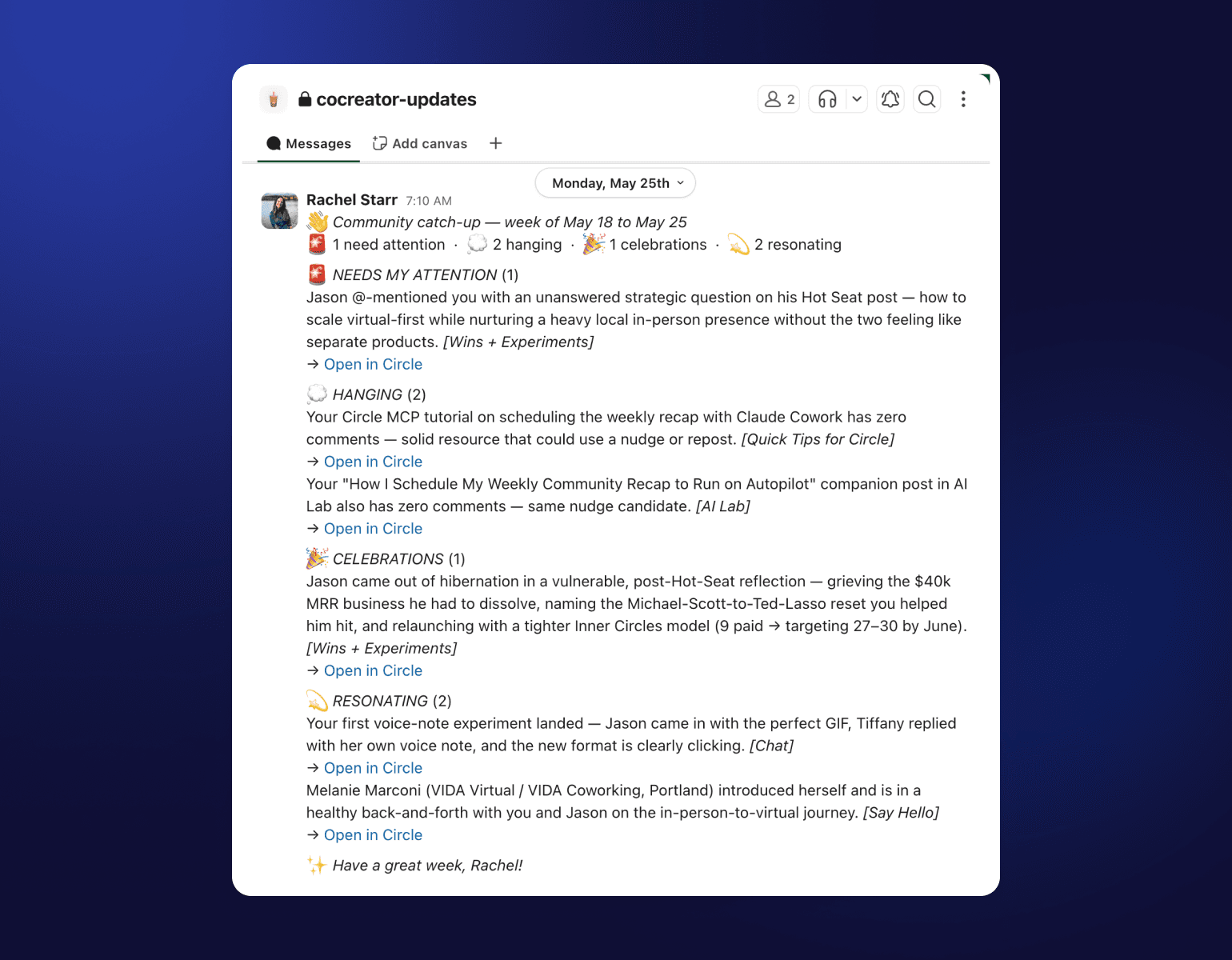 Community catch-up message from Rachel Starr showing status updates with emoji icons for items needing attention, hanging, celebrations, and resonating topics