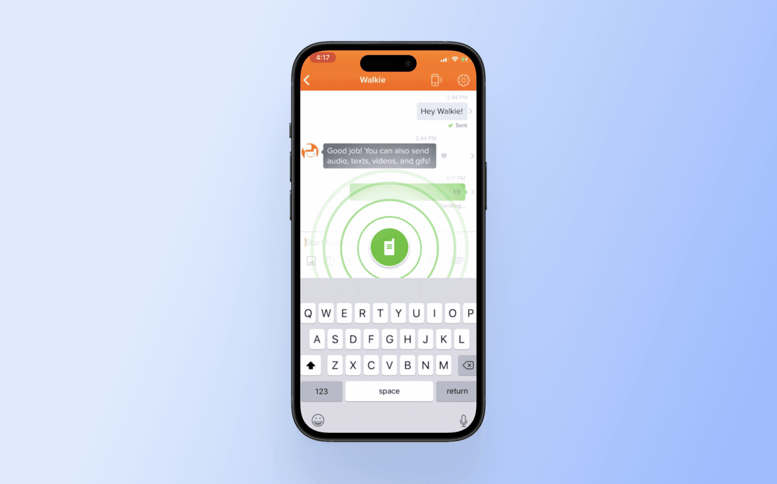 Walkie-talkie chat interface showing concentric green circles with battery icon, keyboard open, and message about sending multimedia
