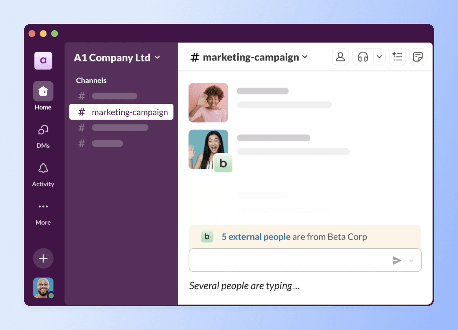Slack workspace interface showing A1 Company Ltd with marketing-campaign channel selected and team member messages