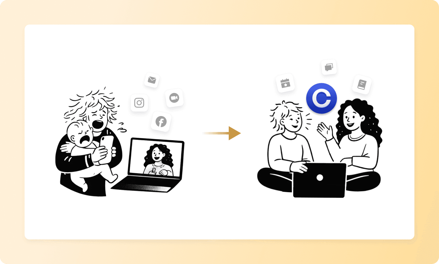Stressed parent with crying baby video calling a support person, leading to organized co-parenting with shared calendar and communication tools