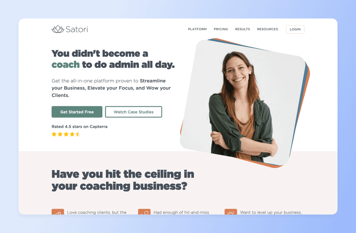 Smiling coach in green shirt with arms crossed, standing confidently against abstract geometric background with blue and orange accents