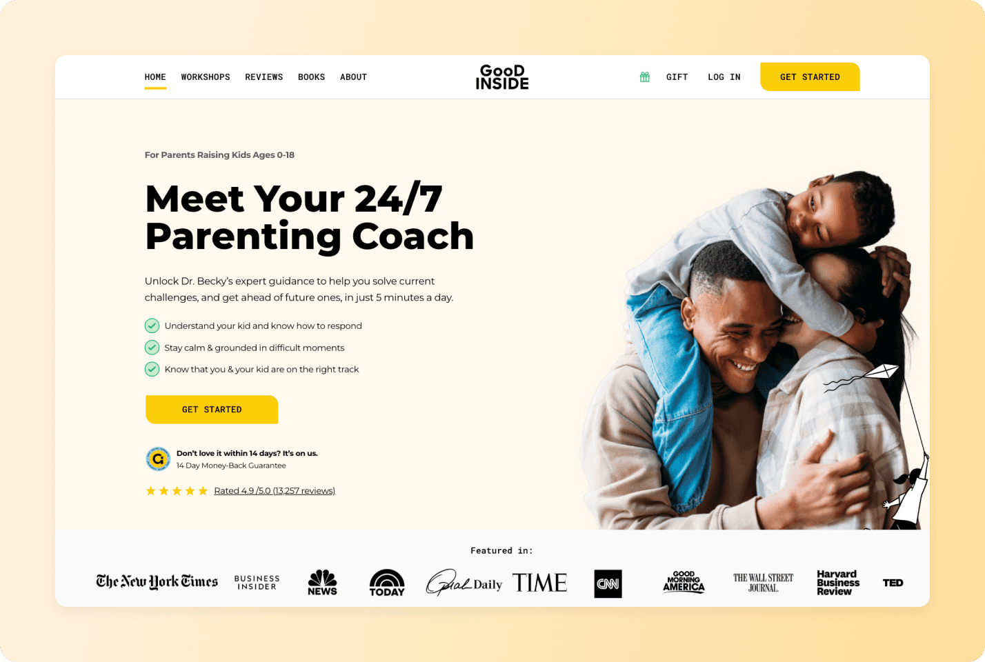 Father embracing two young children while smiling, wearing casual denim jacket and beige shirt, conveying warmth and family connection