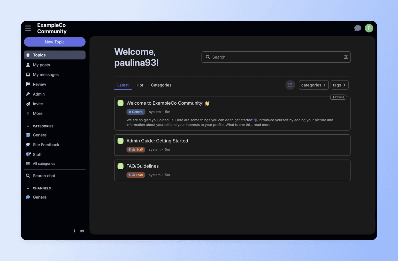 ExampleCo Community forum dashboard welcoming user paulina93 with navigation sidebar and topic feed showing pinned posts