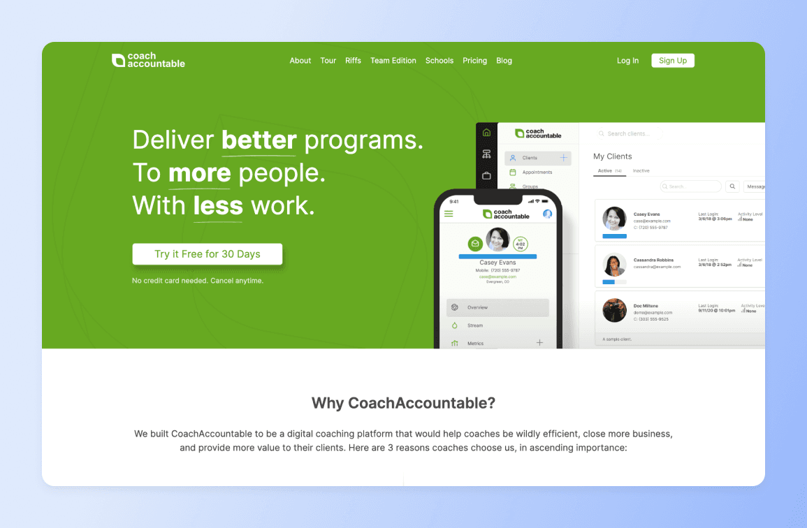 CoachAccountable homepage showing mobile and desktop dashboards with client management interface and green banner headline promoting better programs to more people with less work