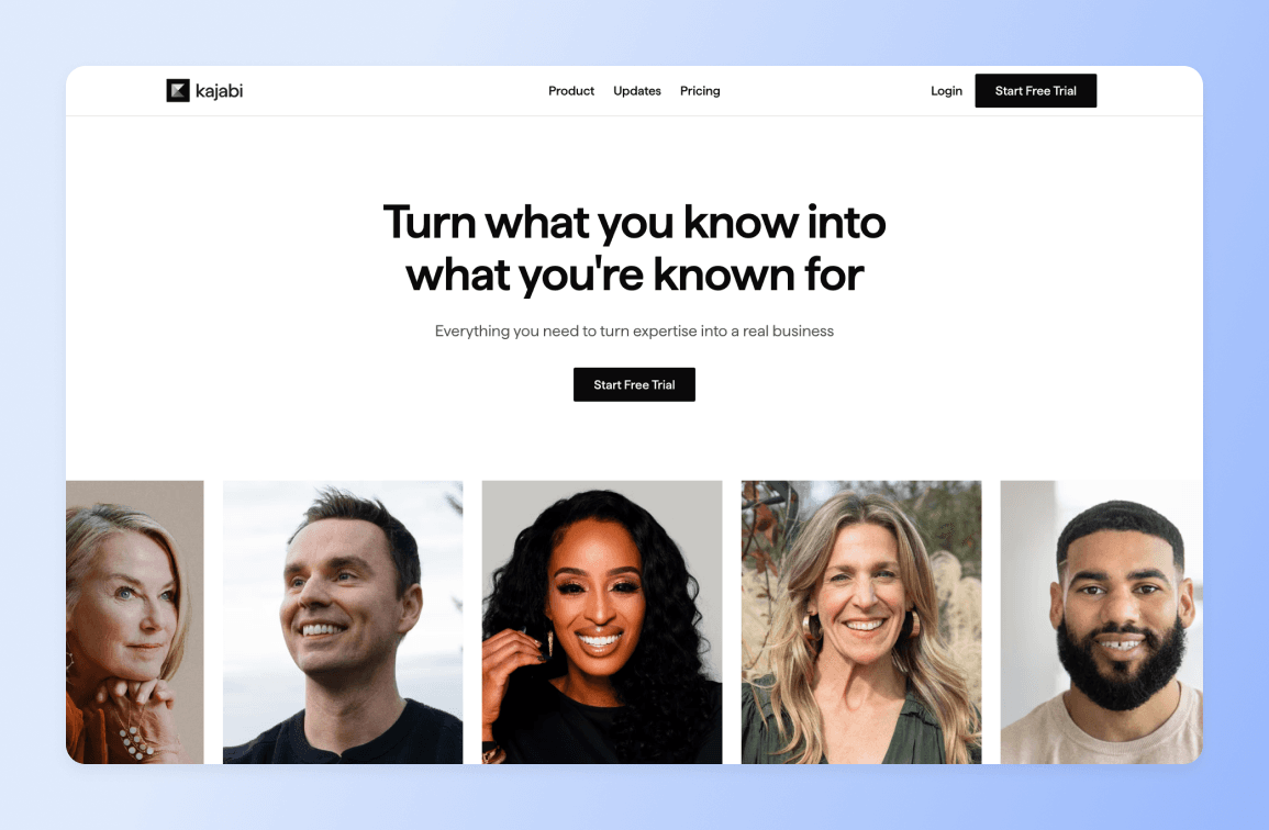 Kajabi landing page featuring headline "Turn what you know into what you're known for" with five diverse smiling professionals