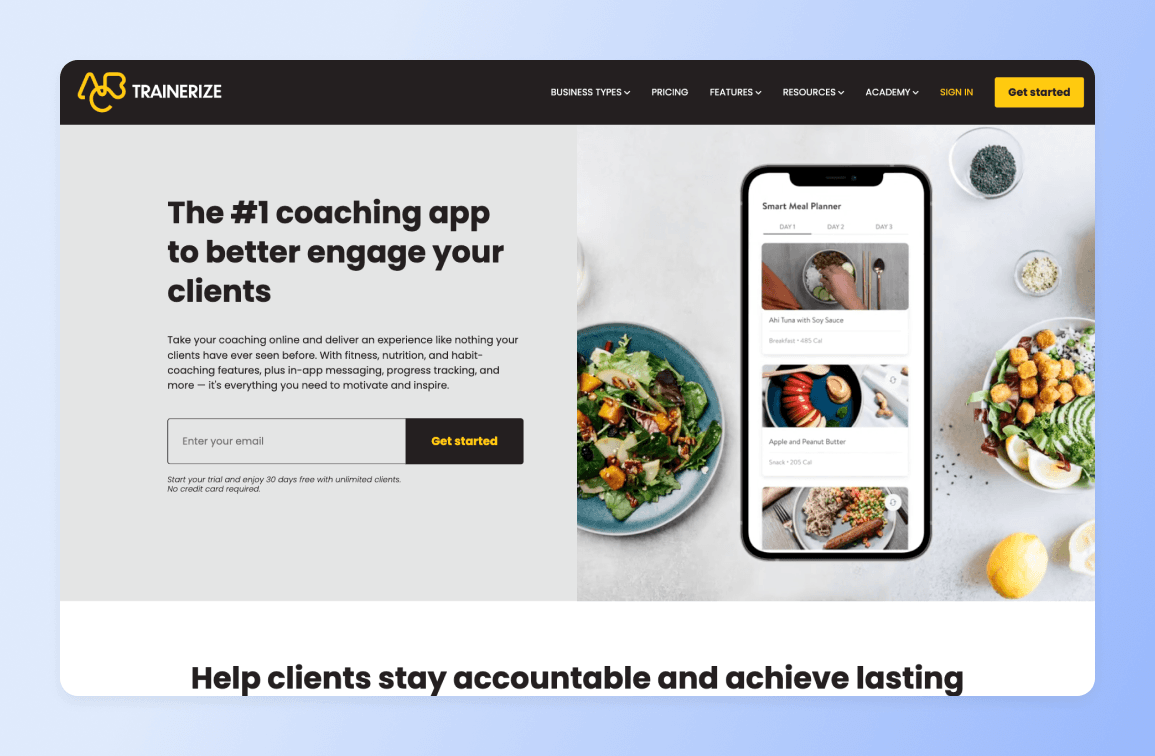 Trainerize coaching app homepage showing Smart Meal Planner interface on smartphone with colorful healthy food plates arranged around it
