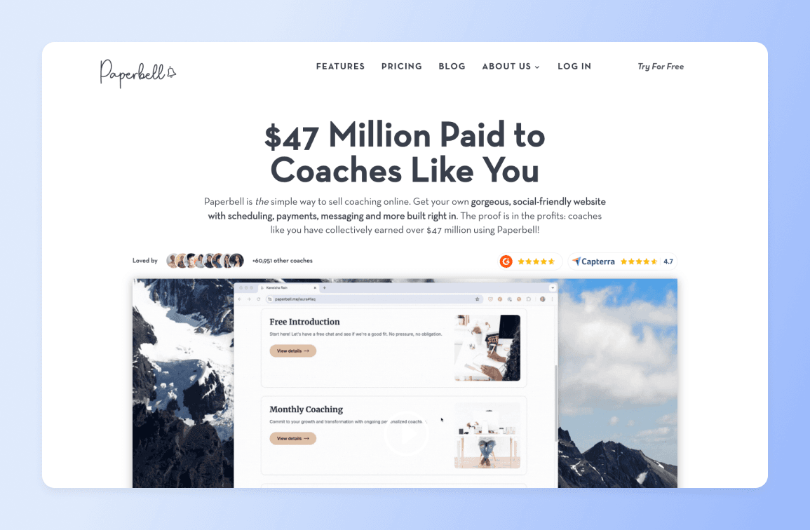 Paperbell coaching platform homepage showing $47 million paid to coaches headline, testimonials from users, and preview of coaching website templates with mountain imagery
