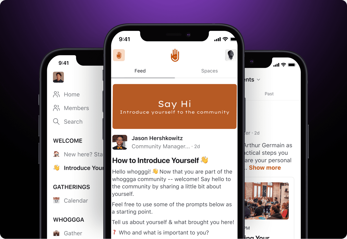 Three iPhone screens displaying Whoggga community app interface with navigation menu, feed with introduction post, and event details