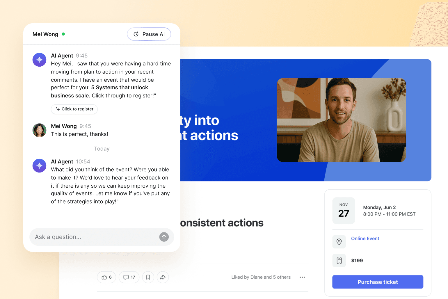 AI chatbot interface showing conversation between Mei Wong and AI Agent about business event registration, alongside event details for November 27 webinar priced at $199