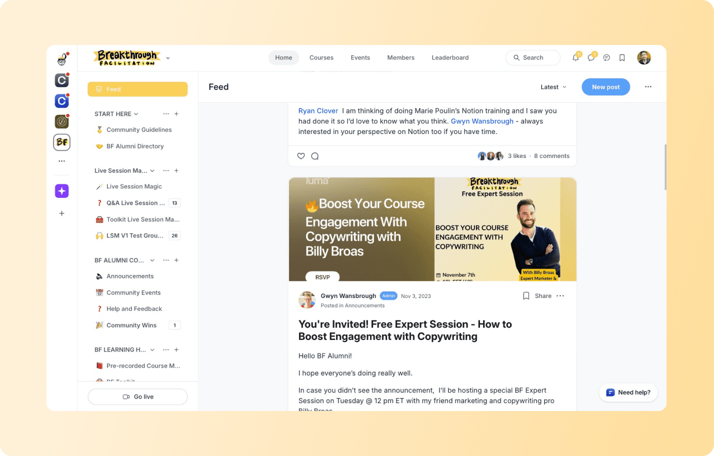 Breakthrough Facilitation community platform showing feed with announcement for free copywriting expert session hosted by Billy Broas