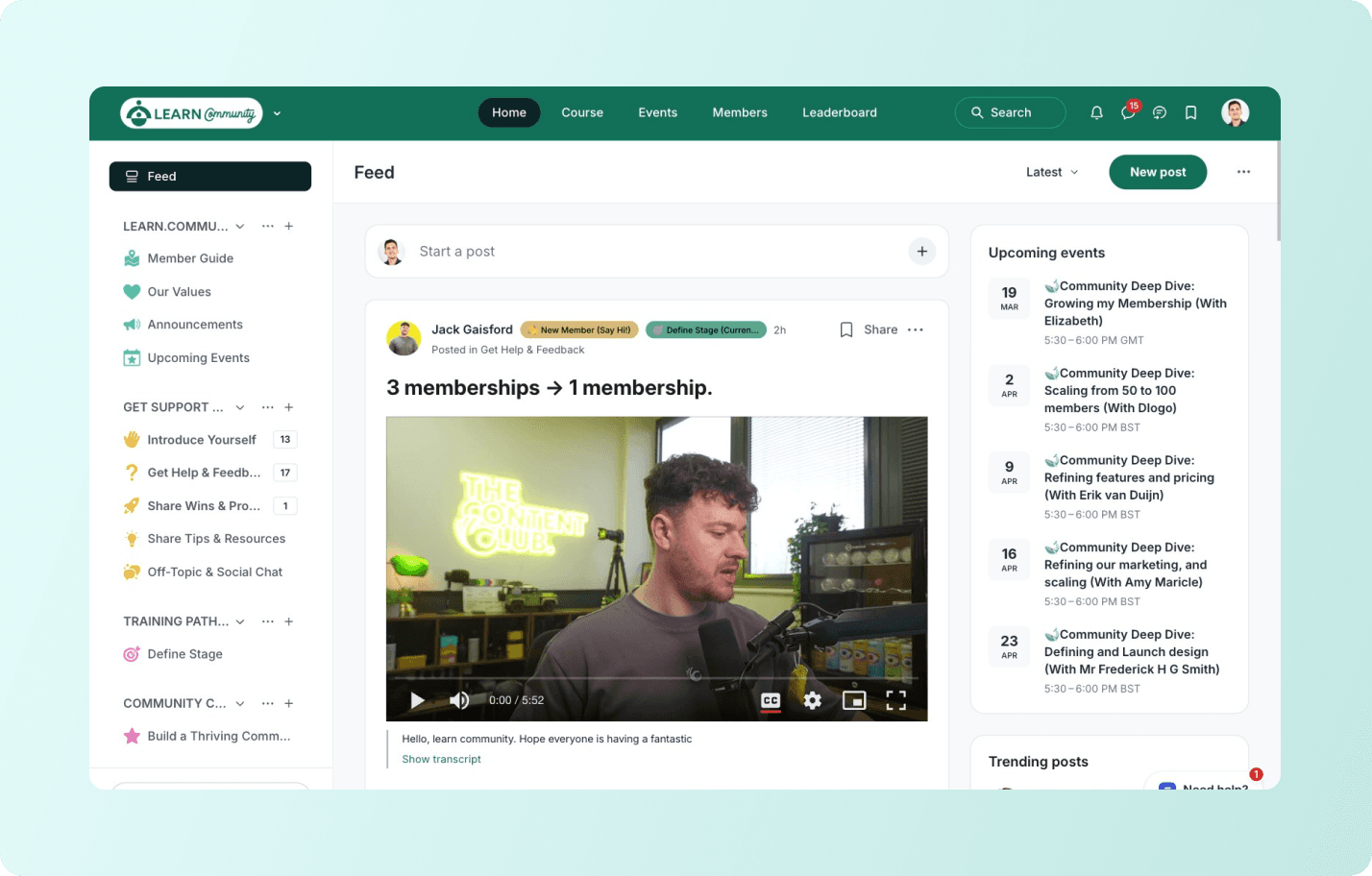 Community learning platform feed showing video post about membership consolidation with upcoming events sidebar