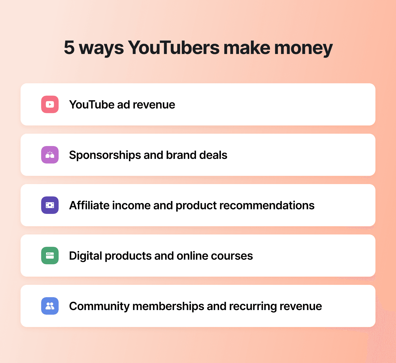 Infographic listing five YouTuber monetization methods: ad revenue, sponsorships, affiliate income, digital products, and memberships
