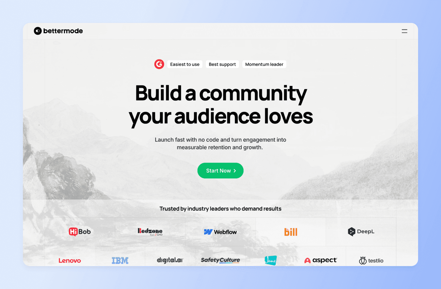 Bettermode landing page showcasing community platform with mountain lake background and logos of trusted companies like IBM, Webflow, and Lenovo