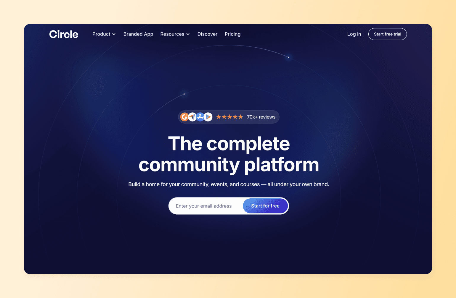 Circle community platform homepage showing five-star rating badge, headline text, and email signup form on dark blue background