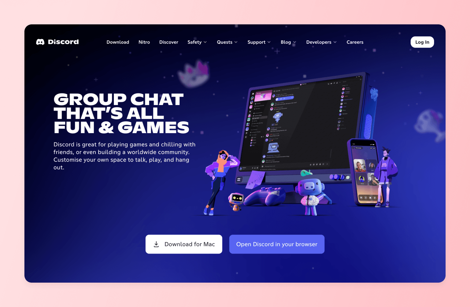 Discord homepage showing desktop and mobile app interfaces with 3D characters, promoting group chat for gaming and community building