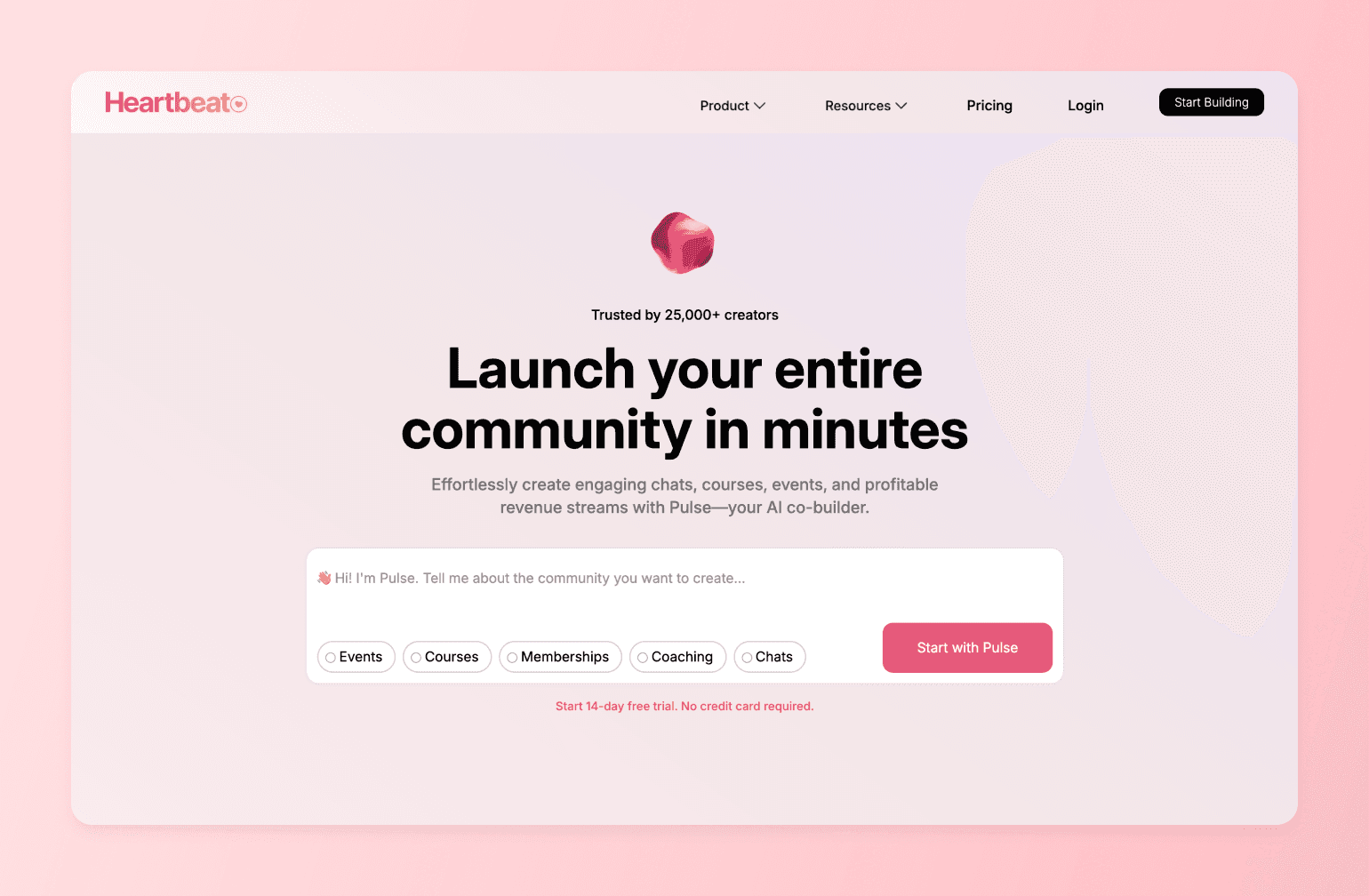 Heartbeat community platform homepage with pink gradient background and AI chatbot interface for creating online communities