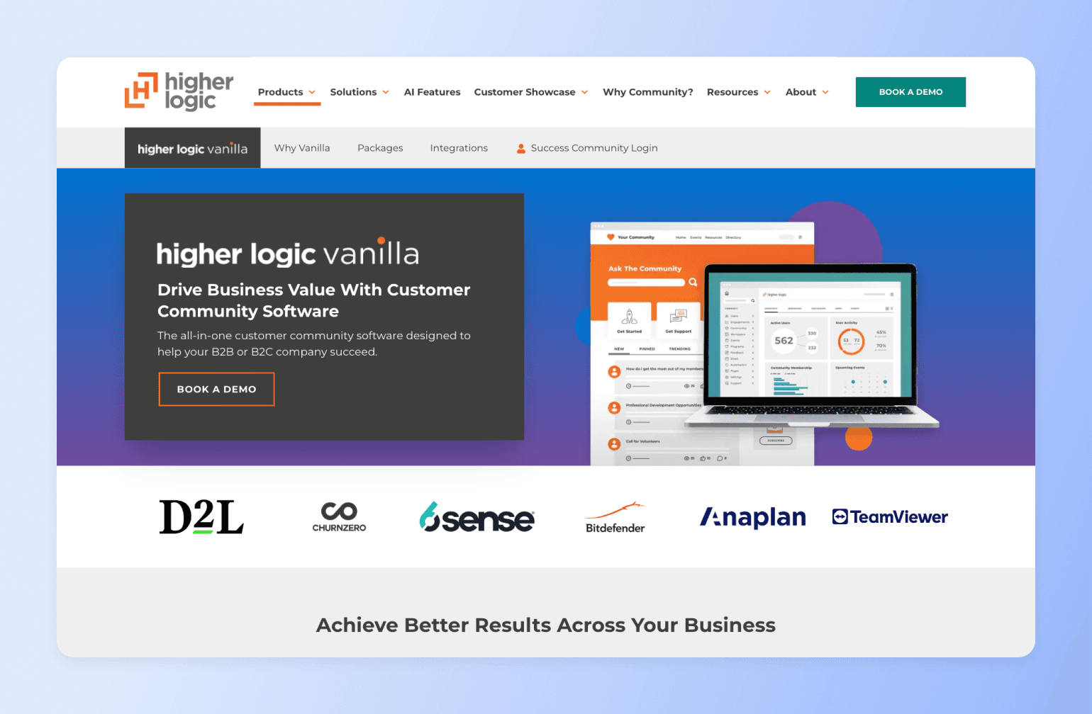 Higher Logic Vanilla customer community software platform showing dashboard interface with analytics and community forum on laptop and tablet displays