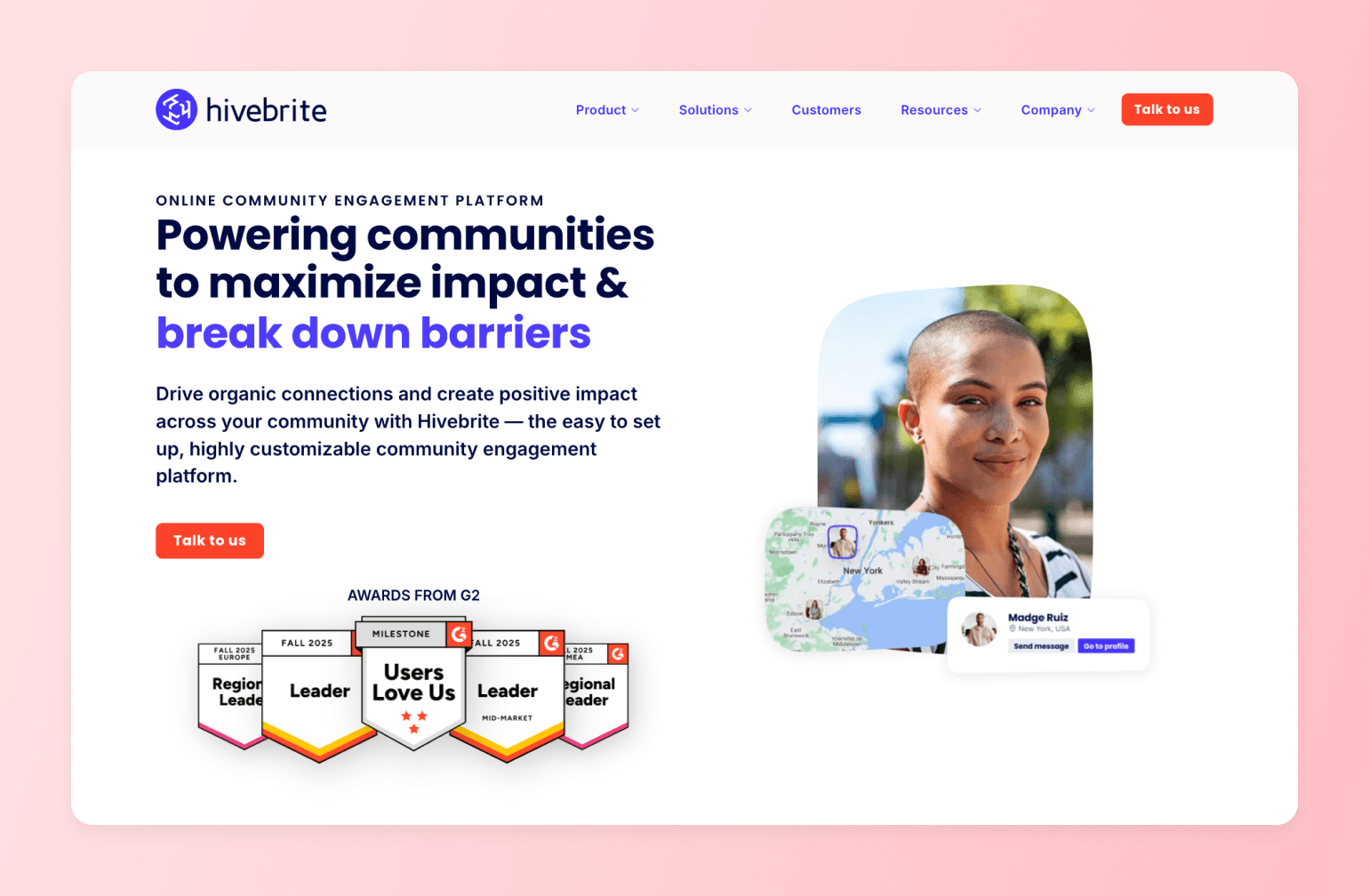 Hivebrite community engagement platform homepage with G2 awards badges and community member profiles on interactive map interface