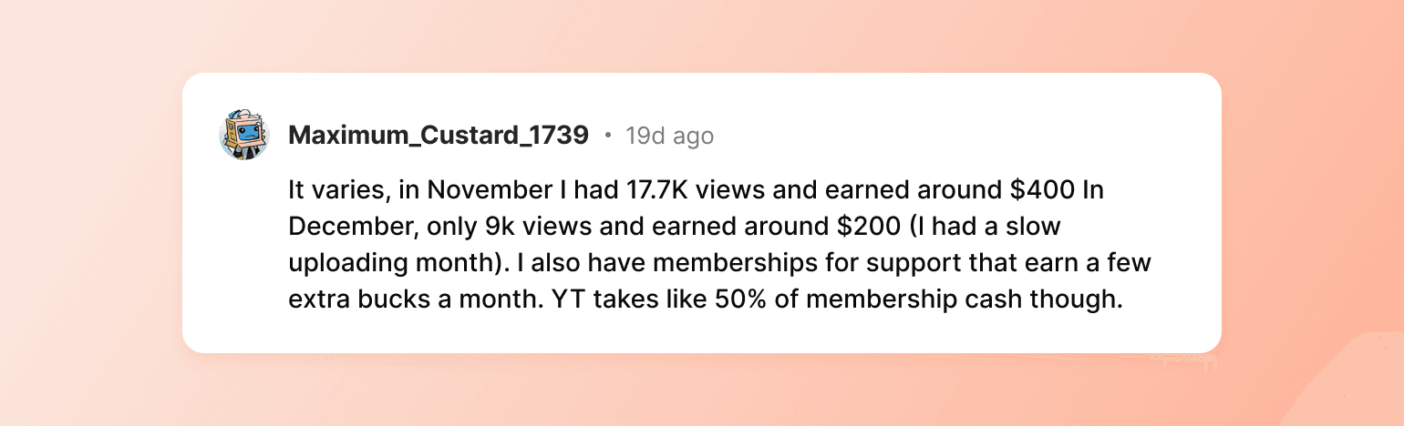 Social media comment by Maximum_Custard_1739 discussing YouTube earnings varying from $400 for 17.7K views to $200 for 9K views