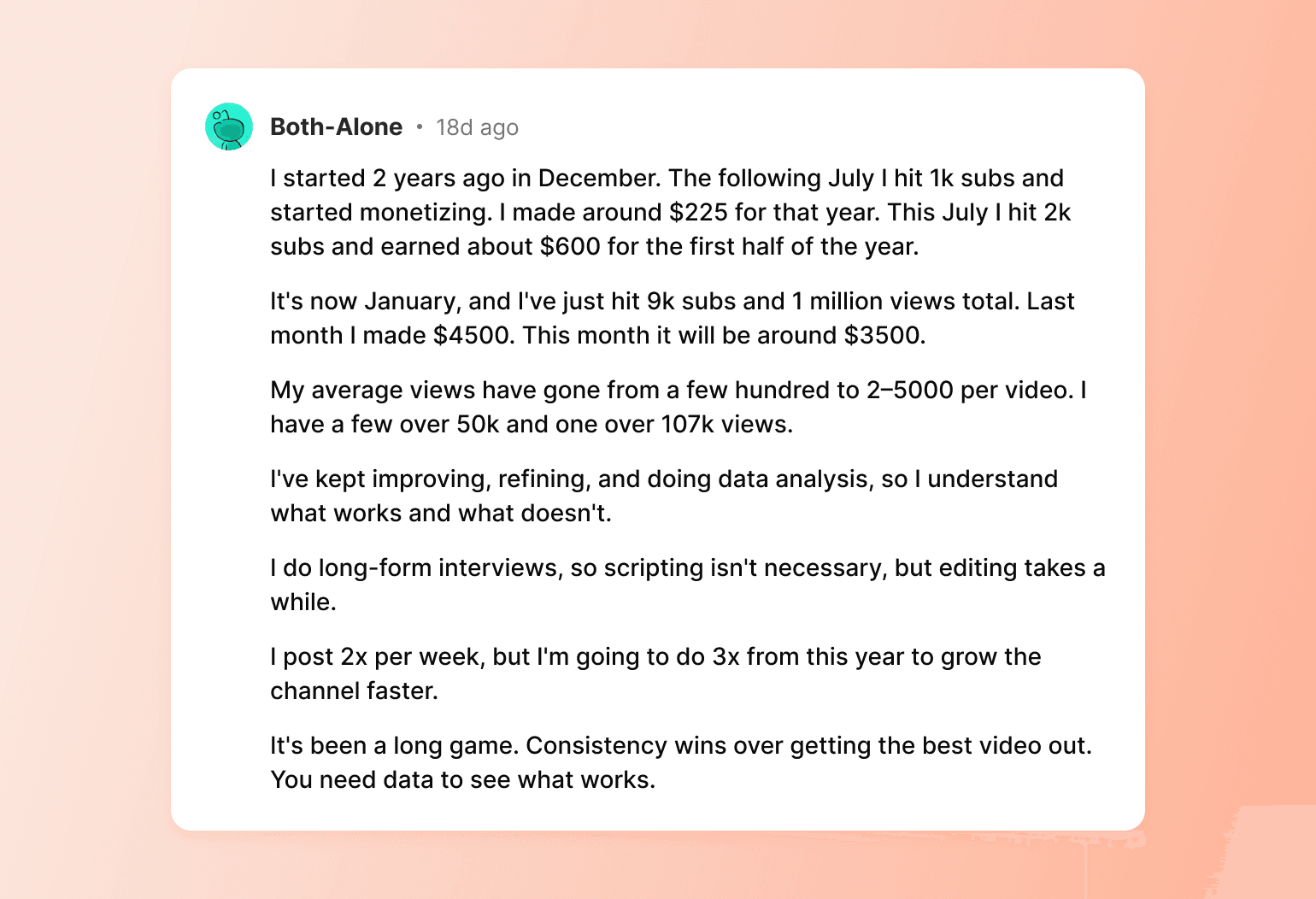 Social media post from Both-Alone sharing YouTube channel growth from 1k to 9k subscribers and monthly earnings increasing from $225 to $4500