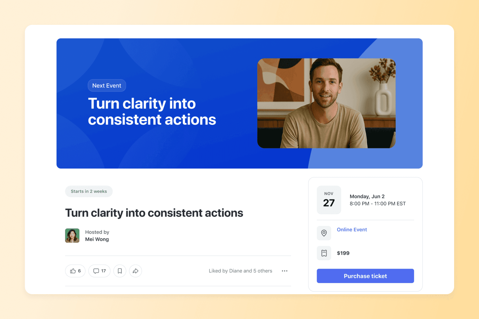 Event banner for productivity webinar with smiling host in beige shirt, abstract art backdrop, and event details showing November 27th date