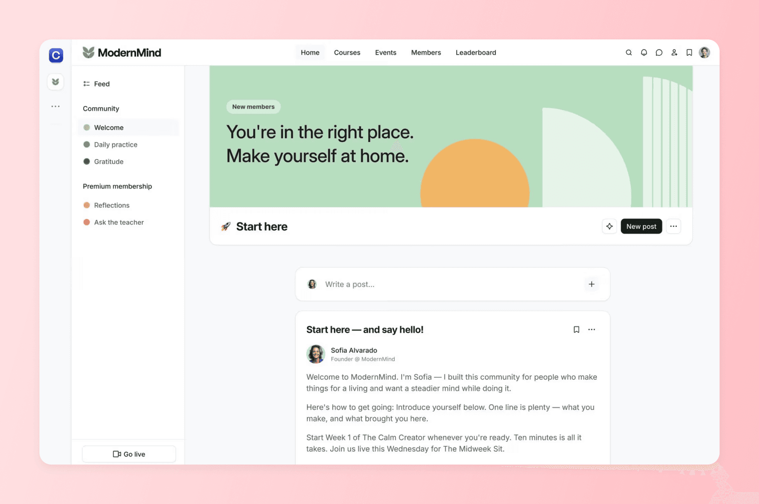 Circle community platform homepage showing a Facebook Group alternative built for creator-owned spaces