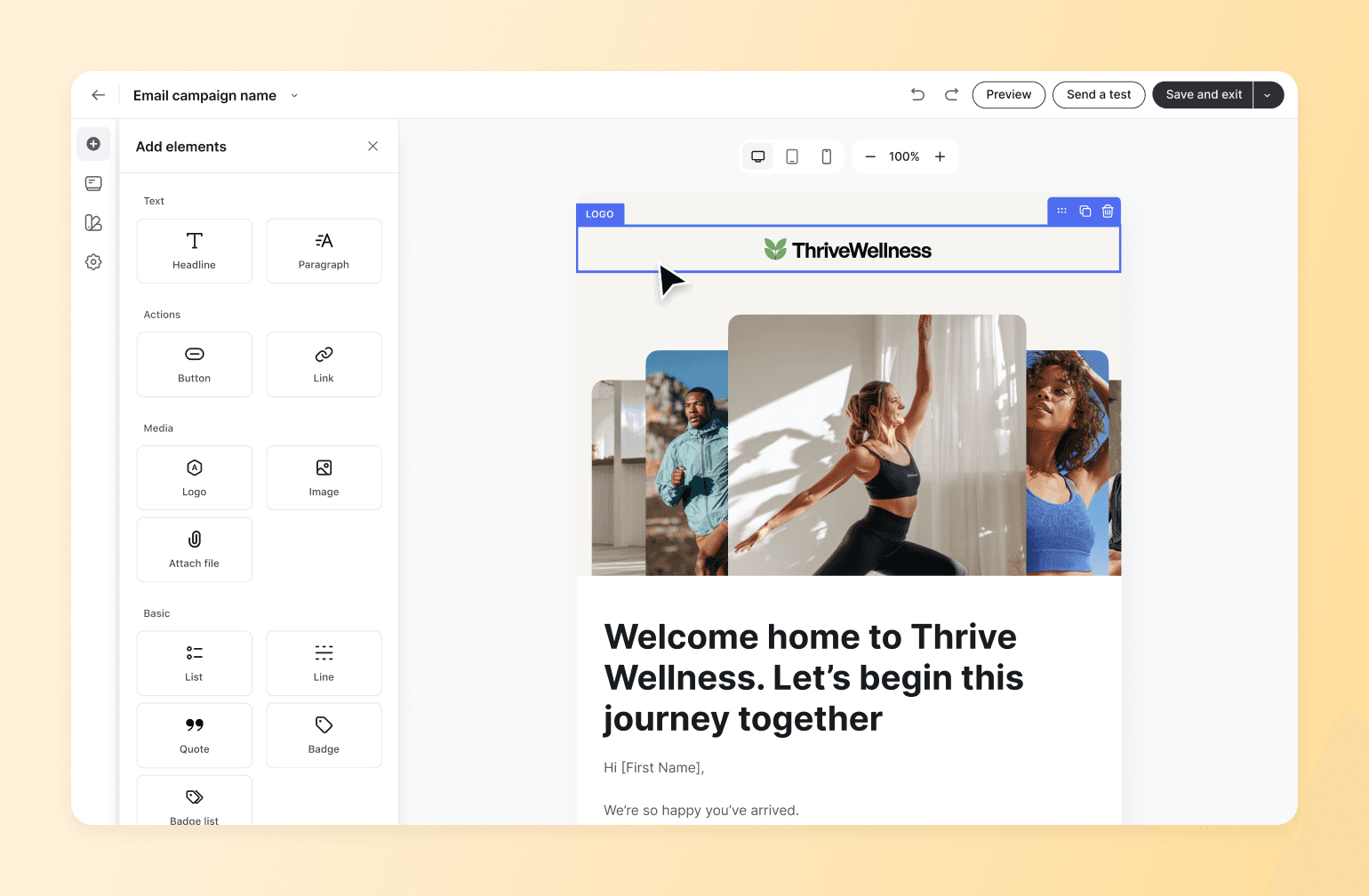 Email campaign builder on Circle showing a Thrive Wellness welcome email template, showing one of the best newsletter platforms for creators.