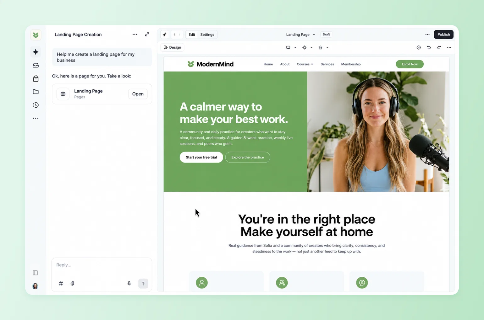AI chat prompt generating a ModernMind landing page, showing how AI website builders draft membership pages instantly
