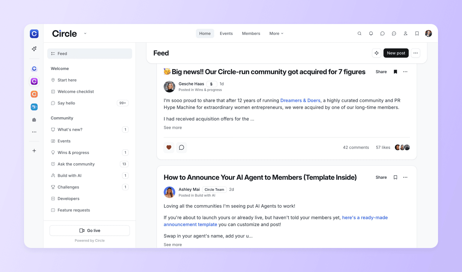 Circle community platform interface showing feed with announcement posts, sidebar navigation, and engagement metrics