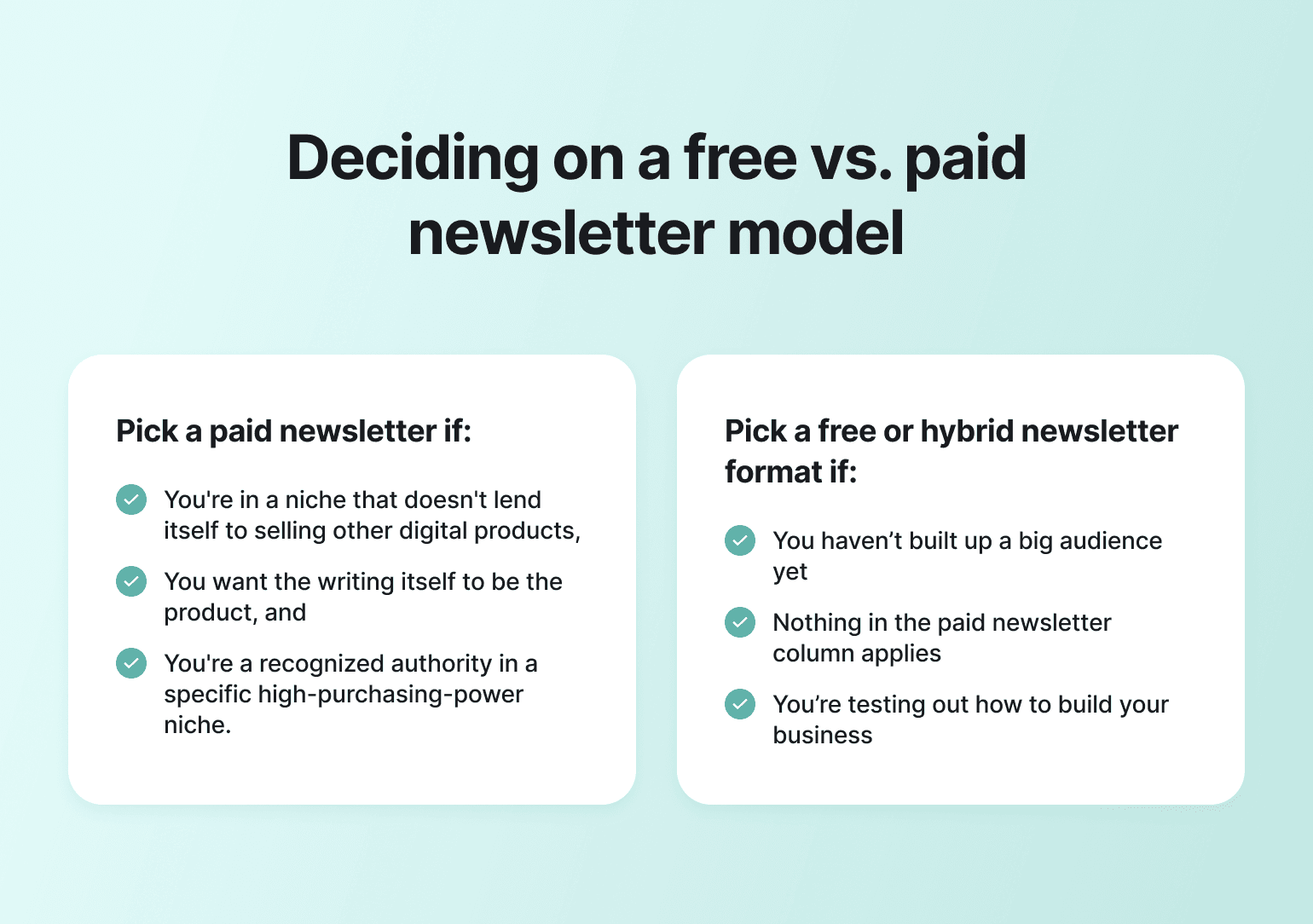 Newsletter business model comparison chart showing criteria for choosing paid versus free or hybrid newsletter formats with checkmarked bullet points