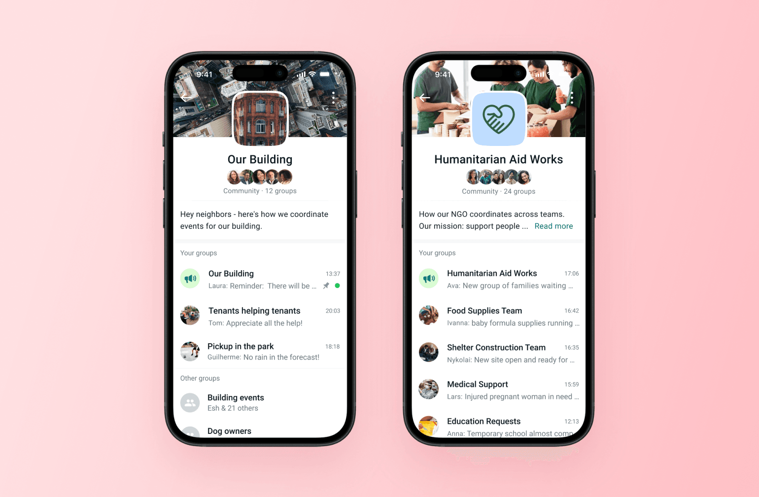 Two phone screens showing community apps for a building and an aid nonprofit, comparing alternatives for organizing subgroups