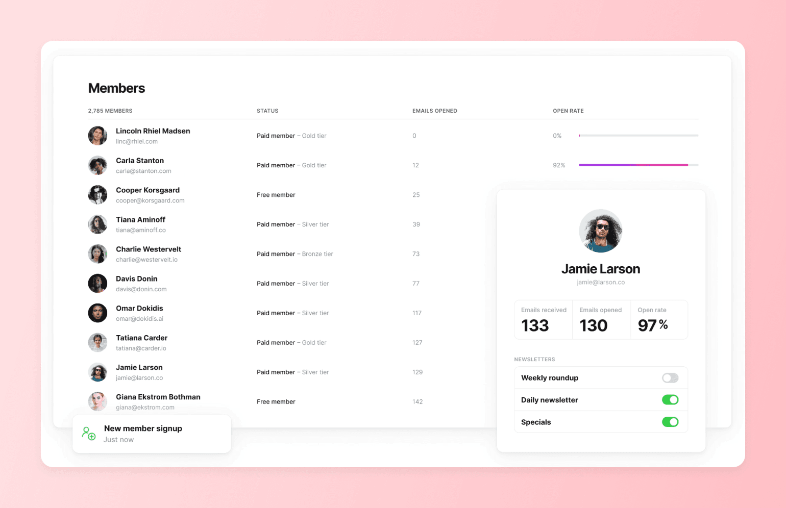 Members list with tiers and email open rates, plus a profile view of individual newsletter engagement