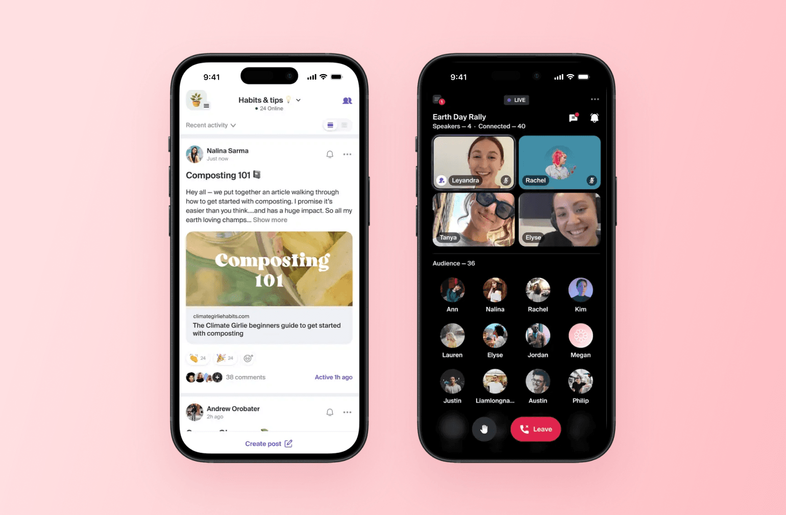 Two phone screens compare a community feed post on composting with a live Earth Day Rally call, showing Facebook Group alternatives with feed and video features