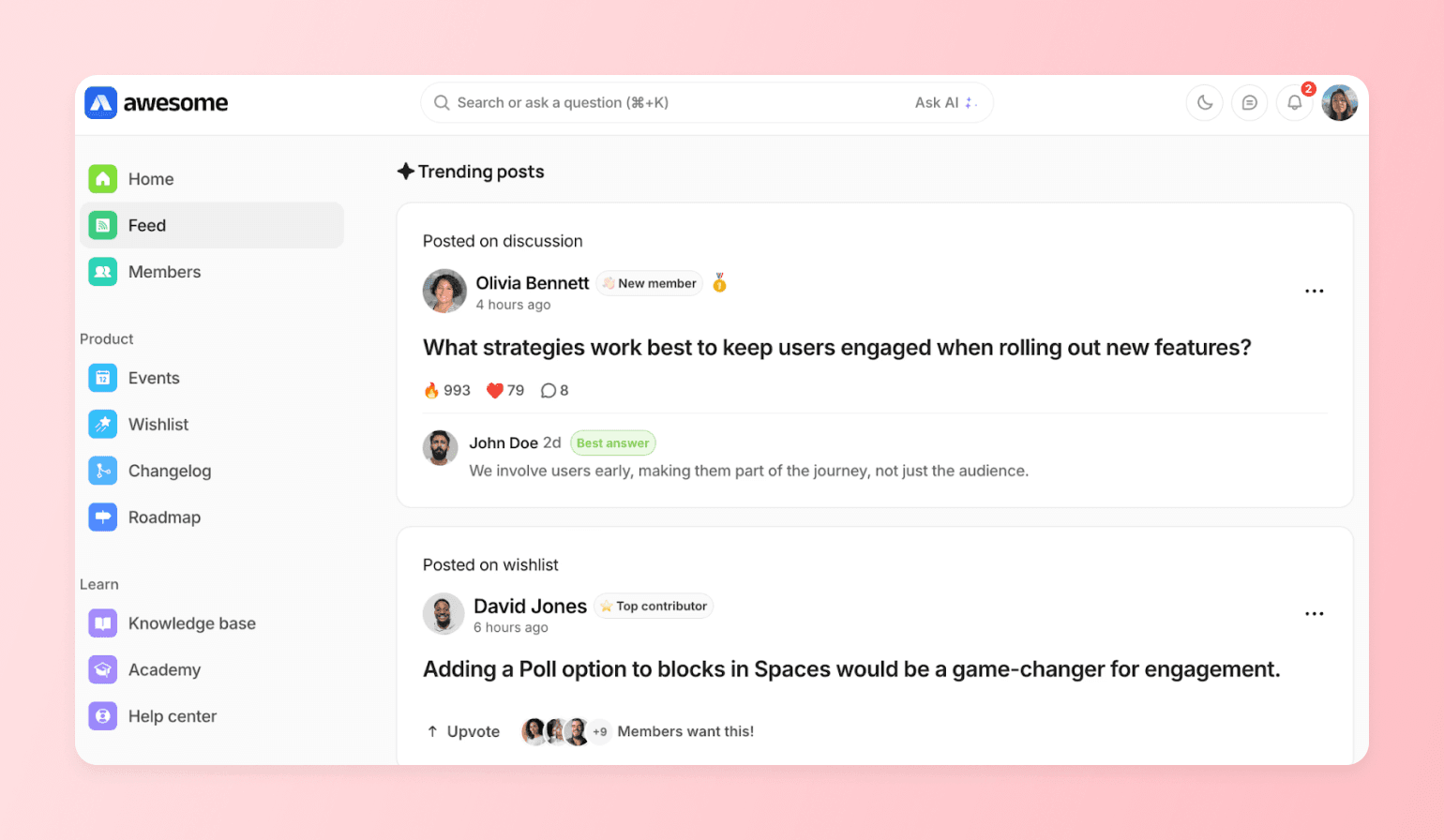 Community platform feed on Bettermode with trending posts and votes, showing one of the best Facebook Group alternatives for engagement