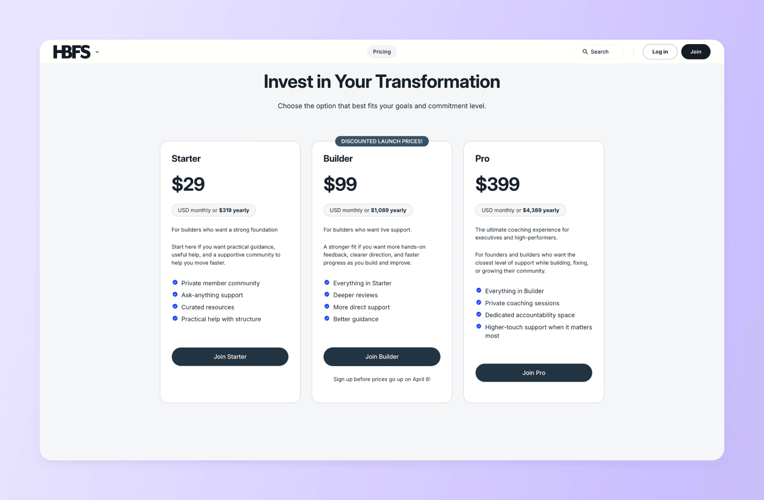 Three-tier pricing plan cards for Pedro Hernandes' HBFS Circle Community showing Starter at $29, Builder at $99 with discounted launch prices, and Pro at $399 monthly