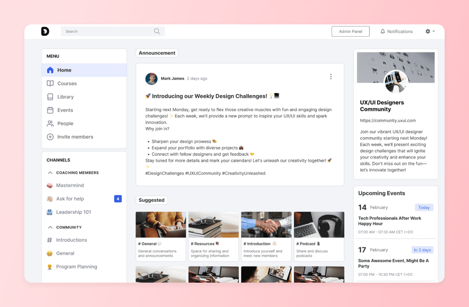 Community platform dashboard with channels and events, one of several Facebook group alternatives for member engagement.