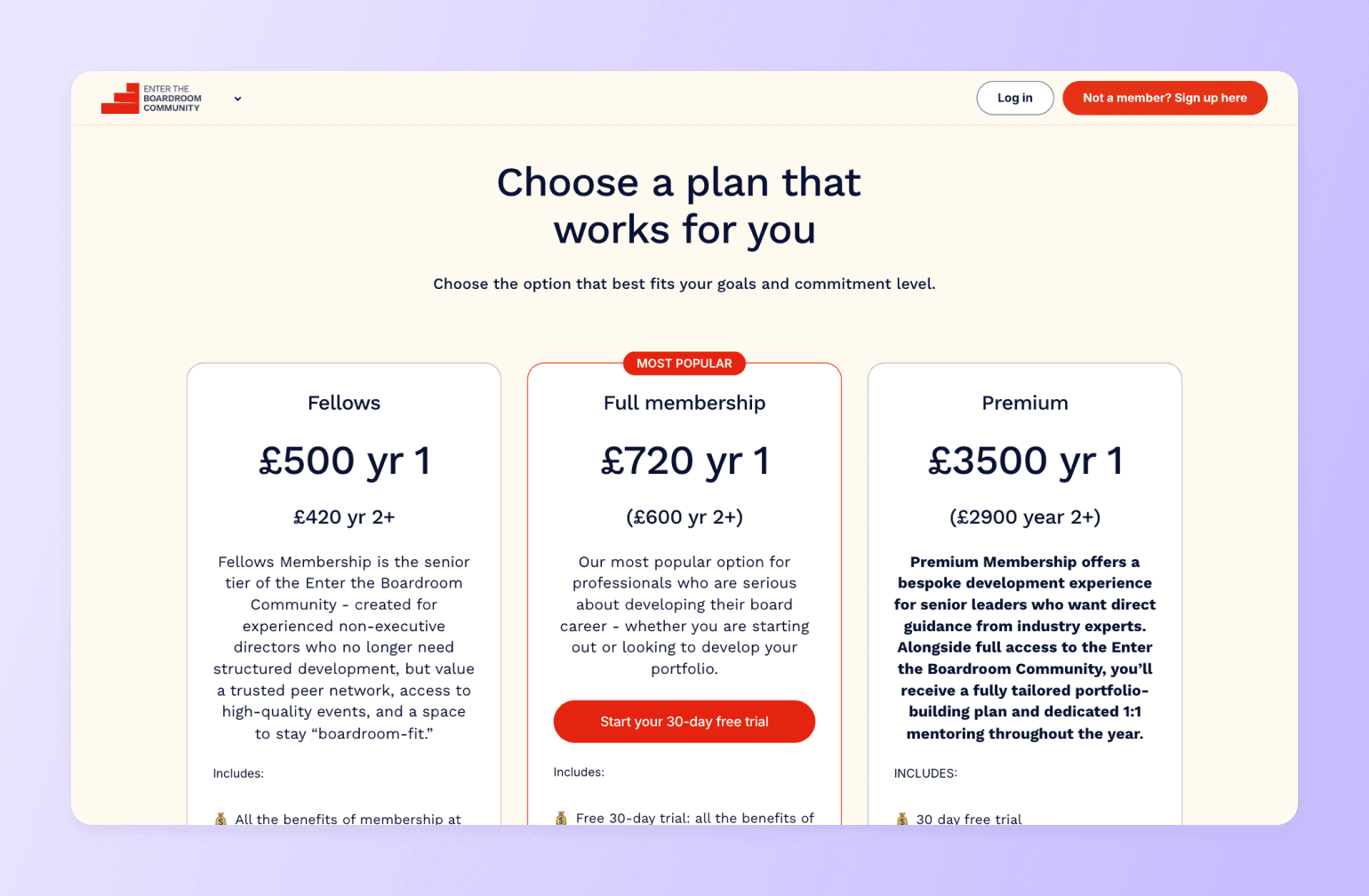 Enter the Boardroom Community membership pricing page showing three tiers: Fellows at £500, Full membership at £720, and Premium at £3500