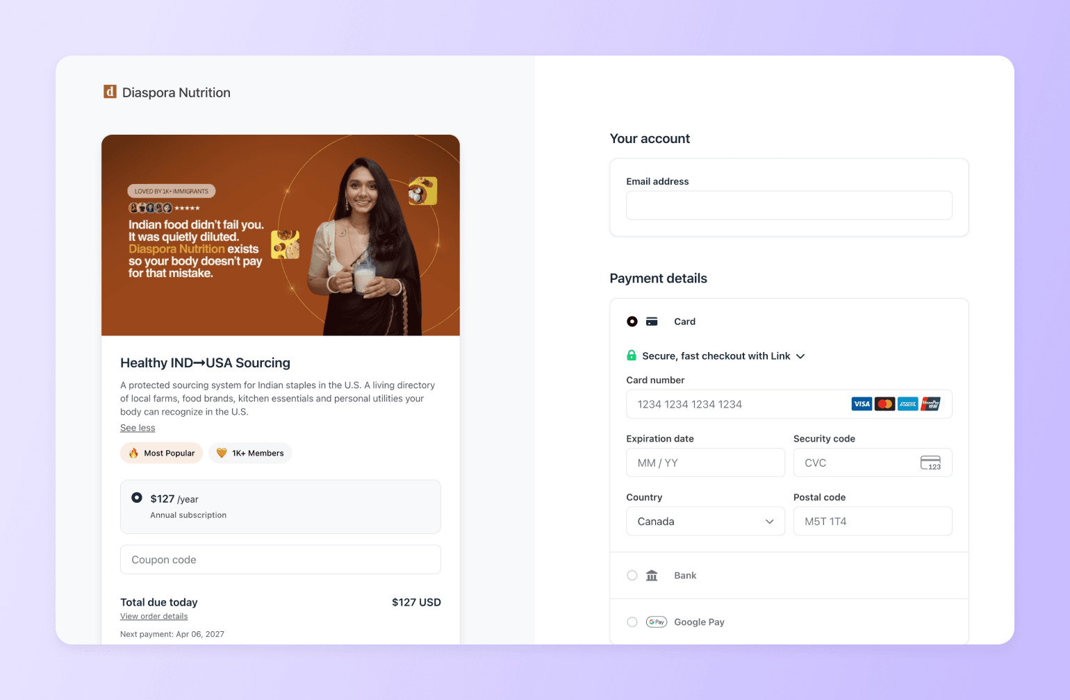 Diaspora Nutrition checkout page showing annual subscription form with payment details for Healthy IND USA Sourcing service